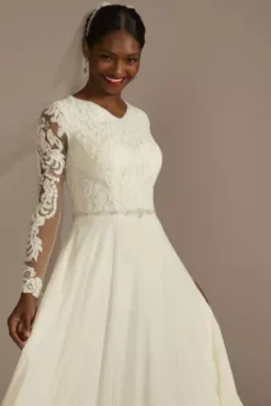 Long Sleeve Applique Chiffon Modest Wedding Dress -Floral Applique Dresses Shop MSLLBSWG842 IVORY SIG PROD2 093