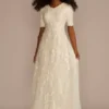 Beaded Lace Elbow Sleeve Modest Wedding Dress