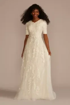 Beaded Lace Elbow Sleeve Modest Wedding Dress