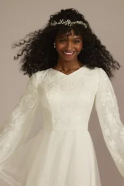 High Neck Beaded Lace A-Line Modest Wedding Dress -Floral Applique Dresses Shop MSLMS251209 IVORY MS PROD1 042