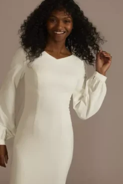 Crepe Billow Sleeve Modest Mermaid Wedding Dress 6 Crepe Billow Sleeve Modest Mermaid Wedding Dress -Floral Applique Dresses Shop MSLWG4099 SOFTWHITE DBSTU PROD2 076