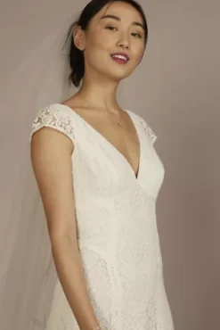 Recycled Lace Cap Sleeve V-Neck Wedding Dress -Floral Applique Dresses Shop RWG4081 IVORY DBSTU PROD3 076