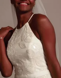 Sequin Leaf-Appliqued High Neck Petite Gown -Floral Applique Dresses Shop SDWG0686