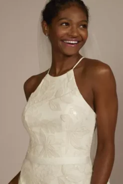 Sequin Leaf-Appliqued High Neck Petite Gown -Floral Applique Dresses Shop SDWG0686 IVORY DBSTU PROD11 V2 046