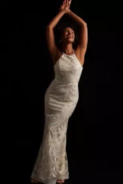 Sequin Leaf-Appliqued High Neck Petite Gown -Floral Applique Dresses Shop SDWG0686 PDP Crop NOV4 1920x2880