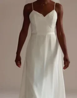 Scalloped V-Neck Corded Lace Bodice A-Line Dress -Floral Applique Dresses Shop SDWG0801