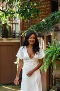 Flutter Sleeve Stretch Satin Dress With Ruffle Hem -Floral Applique Dresses Shop SDWG0825 2 PDP Crop JUN23 1920x2880