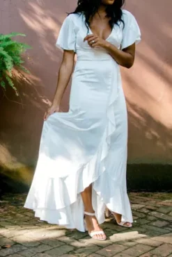 Flutter Sleeve Stretch Satin Dress With Ruffle Hem -Floral Applique Dresses Shop SDWG0825 4 PDP Crop JUN23 1920x2880