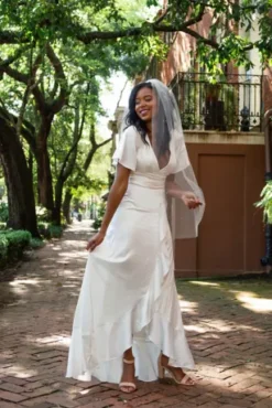 Flutter Sleeve Stretch Satin Dress With Ruffle Hem -Floral Applique Dresses Shop SDWG0825 5 PDP Crop JUN23 1920x2880