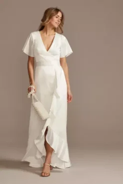 Flutter Sleeve Stretch Satin Dress With Ruffle Hem