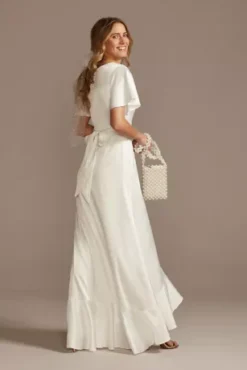 Flutter Sleeve Stretch Satin Dress With Ruffle Hem -Floral Applique Dresses Shop SDWG0825 SOFTWHITE DBSTU PROD3 114