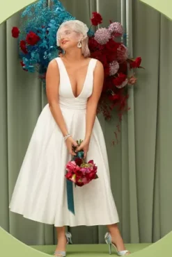 Satin V-Neck Tea Length A-Line Dress -Floral Applique Dresses Shop SDWG0970 2 PDP Crop JUNE15 1920x2880