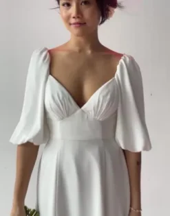 Bubble Sleeve Georgette V-Neck Wedding Dress 8 Bubble Sleeve Georgette V-Neck Wedding Dress -Floral Applique Dresses Shop SDWG0971 PDP