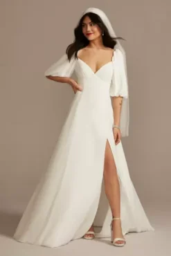 Bubble Sleeve Georgette V-Neck Wedding Dress