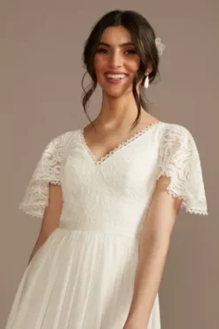 Lace Chiffon Flutter Sleeve A-Line Wedding Dress -Floral Applique Dresses Shop SDWG0974 SOFTWHITE DBSTU PROD4 210