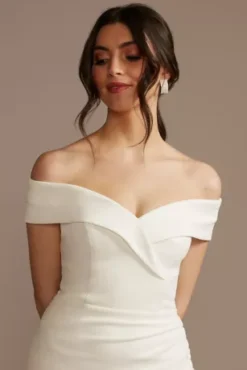 Short Off Shoulder Cuff Neckline Crepe Dress -Floral Applique Dresses Shop SDWG0978 SOFTWHITE DBSTU PROD4 61