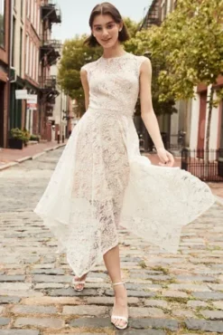 High Neck Lace Dress With Asymmetrical Skirt -Floral Applique Dresses Shop SDWG1048 PDP Crop JAN21 1920x2880