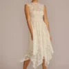 High Neck Lace Dress With Asymmetrical Skirt