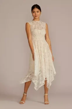High Neck Lace Dress With Asymmetrical Skirt