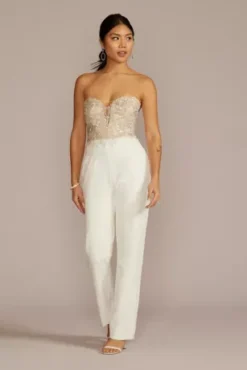 Strapless Beaded Floral Applique Bodice Jumpsuit