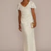 Lace Flutter Sleeve Draped Sheath Wedding Gown