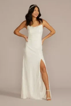 Allover Lace Cowl Neck Wedding Gown With Open Back