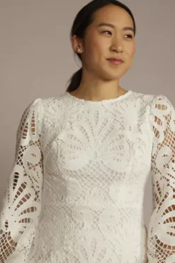 Allover Lace Flounce Hem Long Sleeve Dress -Floral Applique Dresses Shop SDWG1085 SOFTWHITE DBSTU PROD4 066