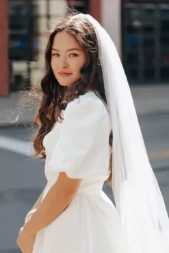 Short Satin Puff Sleeve Dress With Empire Waist -Floral Applique Dresses Shop SDWG1089 2 PDP Crop JUNE21 1920x2880