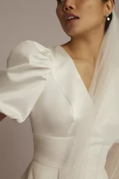 Short Satin Puff Sleeve Dress With Empire Waist -Floral Applique Dresses Shop SDWG1089 SOFTWHITE DBSTU PROD3 179