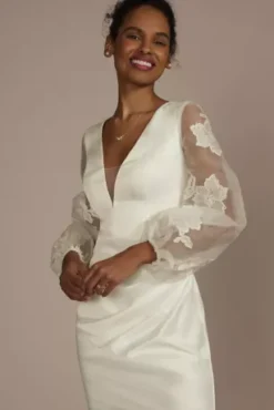 Floral Applique Long Sleeve Satin Mini Dress -Floral Applique Dresses Shop SDWG1095 SOFTWHITE DBSTU PROD5 076