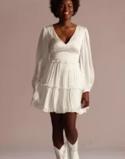 Ruffled Charmeuse V-Neck Long Sleeve Mini Dress -Floral Applique Dresses Shop SDWG1103