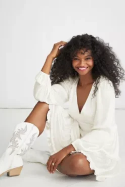 Ruffled Charmeuse V-Neck Long Sleeve Mini Dress -Floral Applique Dresses Shop SDWG1103 1 PDP Crop JAN19 1920x2880