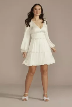 Ruffled Charmeuse V-Neck Long Sleeve Mini Dress