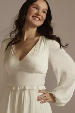 Ruffled Charmeuse V-Neck Long Sleeve Mini Dress -Floral Applique Dresses Shop SDWG1103 SOFTWHITE DBSTU PROD2 V2 069