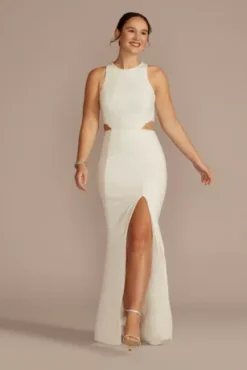 Beaded Crepe Cutout Sheath Wedding Dress