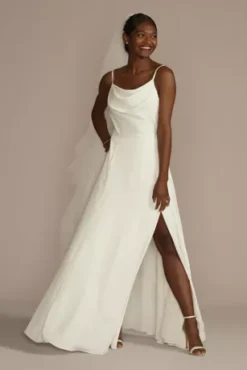 Cowl Neck Crepe Scoop Back A-Line Wedding Dress