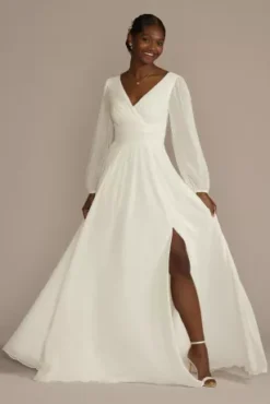 Long Billow Sleeve Chiffon A-Line Wedding Dress