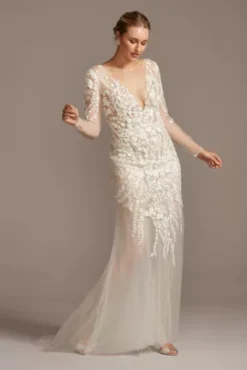 Embroidered Floral Illusion Bodysuit Wedding Dress -Floral Applique Dresses Shop SWG851 IVYWMBEIGE SIG PROD9 126