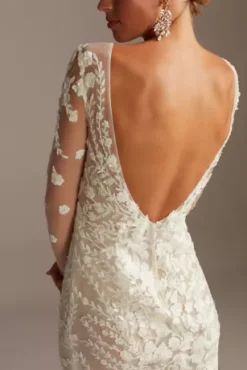 Embroidered Floral Illusion Bodysuit Wedding Dress -Floral Applique Dresses Shop SWG851 IVYWMBEIGE SIG PROD9 298