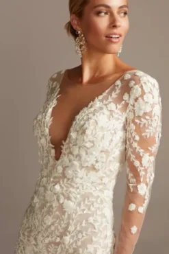 Embroidered Floral Illusion Bodysuit Wedding Dress -Floral Applique Dresses Shop SWG851 IVYWMBEIGE SIG PROD9 389