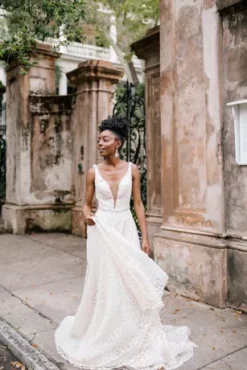 Geometric Sequin Illusion Plunge Wedding Dress -Floral Applique Dresses Shop SWG863 1 PDP Crop JUN23 1920x2880