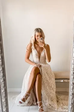 Geometric Sequin Illusion Plunge Wedding Dress -Floral Applique Dresses Shop SWG863 3 PDP Crop JUN23 1920x2880