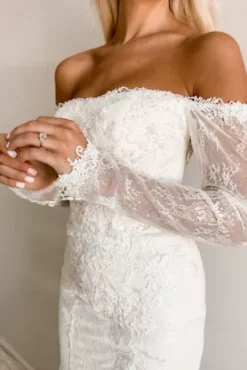 Long Sleeve Off Shoulder Sequin Lace Wedding Dress 10 Long Sleeve Off Shoulder Sequin Lace Wedding Dress -Floral Applique Dresses Shop SWG874 2 PDP Crop JUN23 1920x2880