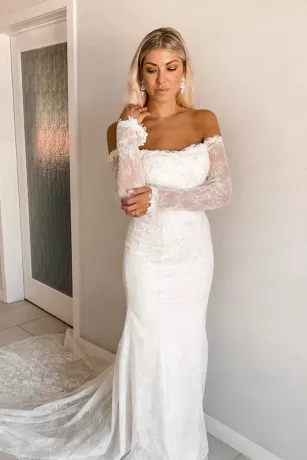 Long Sleeve Off Shoulder Sequin Lace Wedding Dress 6 Long Sleeve Off Shoulder Sequin Lace Wedding Dress - Image 6