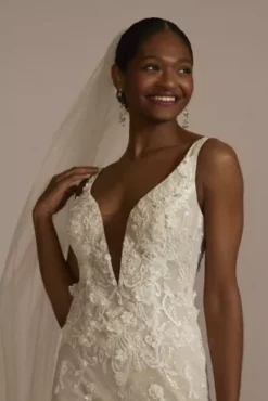 Beaded Lace 3D Floral Plunge Tulle Wedding Dress -Floral Applique Dresses Shop SWG897 IVYBSQCO SIG PROD6 055