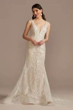 Horsehair Trim Beaded Lace Low Back Wedding Dress
