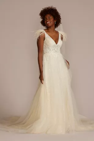 Floral Sequin Feathered Wedding Dress 1 Floral Sequin Feathered Wedding Dress