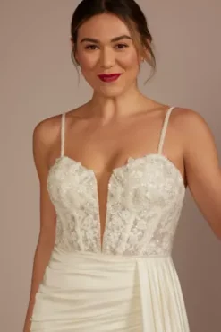 Beaded Corset Bodice Sheath Draped Wedding Dress -Floral Applique Dresses Shop SWG950 IVORY SIG PROD3 088