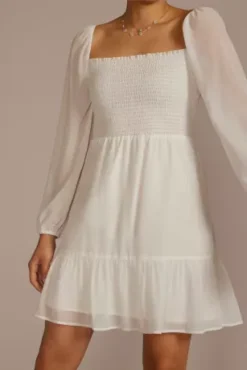 Smocked Long Sleeve Chiffon Short Dress -Floral Applique Dresses Shop T6570D MWHITE DBSTU PROD4 077