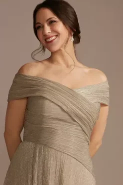 Pleated Metallic Off-the-Shoulder Dress 5 Pleated Metallic Off-the-Shoulder Dress -Floral Applique Dresses Shop WBM2261 GOLD MOB PROD3 057